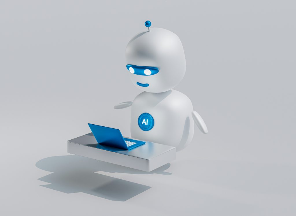 an blue and white robot behind a small computer screen. This shows Ai communication through chat