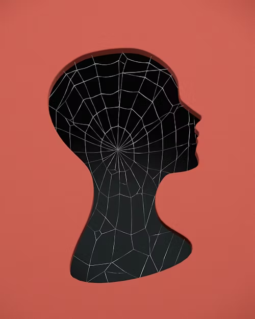 dark mode human head illustration with cobweb within